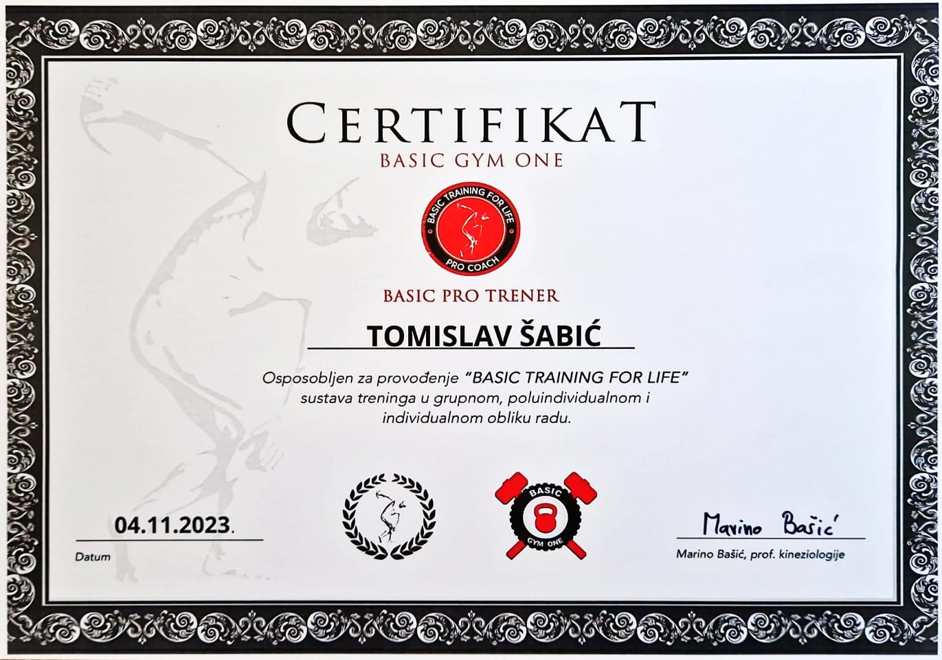 Basic Pro trener certifikat – Tomislav Šabić, osobni i online trener