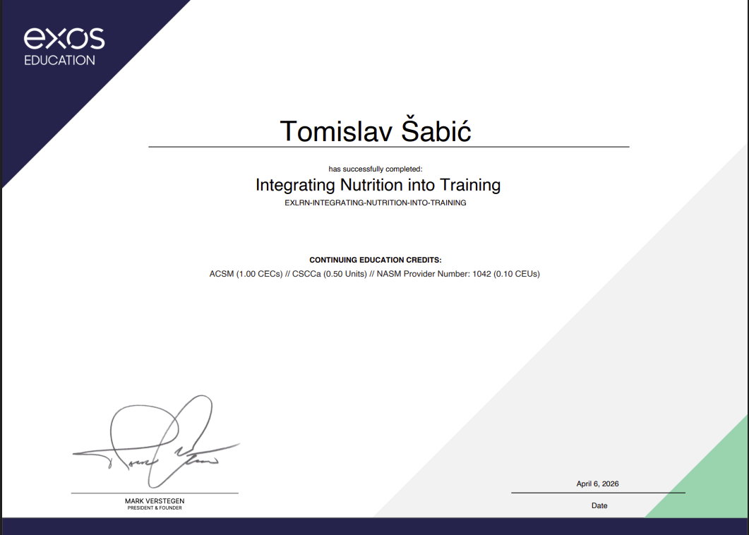 certifikat integracije prehrane u trening – Tomislav Šabić