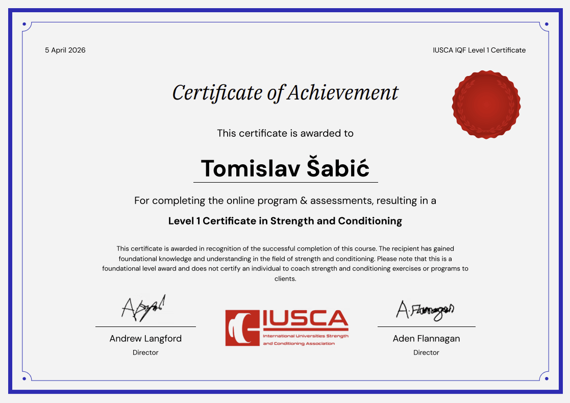 Službeni IUSCA Level 1 certifikat iz kondicijske pripreme sportaša