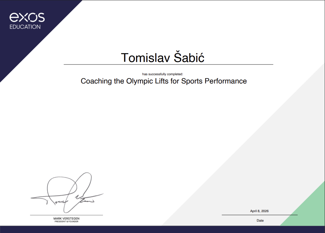 Tomislav Šabić EXOS certifikat za coaching olimpijskih dizanja za sportske performanse