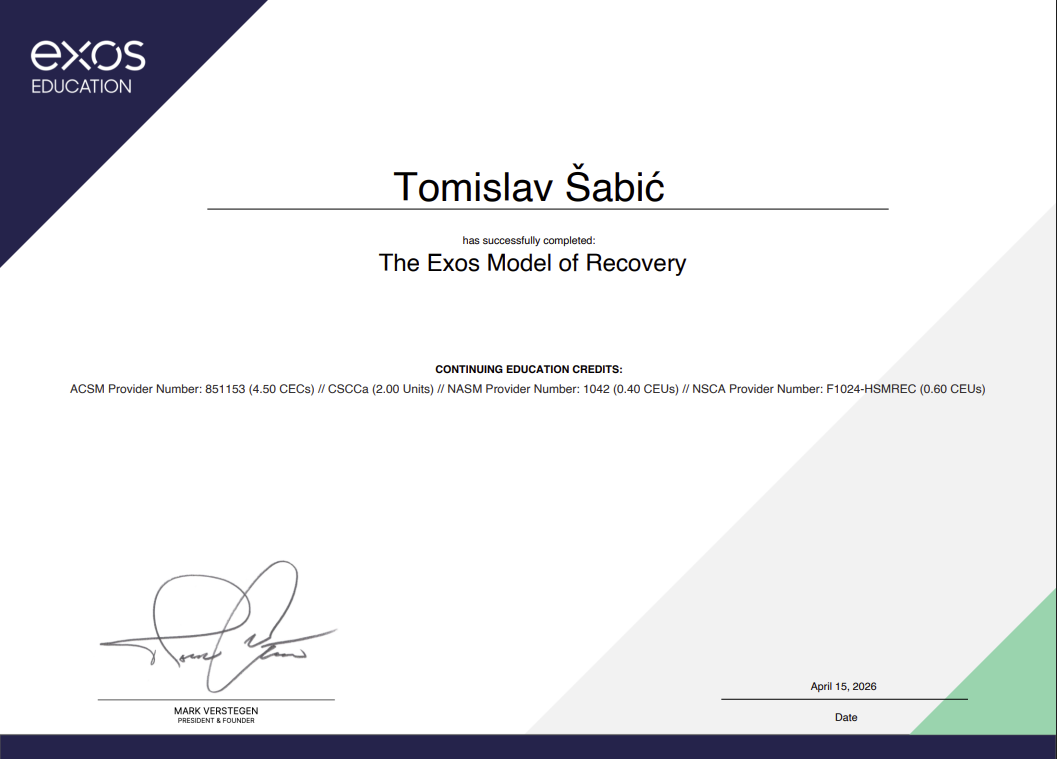 Exos Model of Recovery certifikat Tomislav Šabić fitness edukacija oporavak